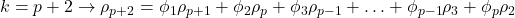 \displaystyle k = p + 2 \to {\rho _{p + 2}} = {\phi _1}{\rho _{p + 1}} + {\phi _2}{\rho _p} + {\phi _3}{\rho _{p - 1}} +  \ldots  + {\phi _{p - 1}}{\rho _3} + {\phi _p}{\rho _2}