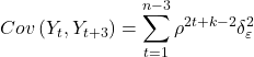 \displaystyle Cov\left( {{Y_t},{Y_{t + 3}}} \right) = \sum\limits_{t = 1}^{n - 3} {{\rho ^{2t + k - 2}}\delta _\varepsilon ^2}  
