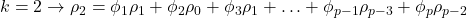 \displaystyle k = 2 \to {\rho _2} = {\phi _1}{\rho _1} + {\phi _2}{\rho _0} + {\phi _3}{\rho _1} +  \ldots  + {\phi _{p - 1}}{\rho _{p - 3}} + {\phi _p}{\rho _{p - 2}}