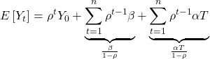\displaystyle E\left[ {{Y_t}} \right] = {\rho ^t}{Y_0} + \underbrace {\sum\limits_{t = 1}^n {{\rho ^{t - 1}}} \beta }_{\frac{\beta }{{1 - \rho }}} + \underbrace {\sum\limits_{t = 1}^n {{\rho ^{t - 1}}\alpha T} }_{\frac{{\alpha T}}{{1 - \rho }}}