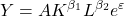 \displaystyle Y = A{K^{{\beta _1}}}{L^{{\beta _2}}}{e^\varepsilon }