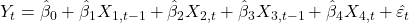 {Y_t} = {\hat \beta _0} + {\hat \beta _1}{X_{1,t - 1}} + {\hat \beta _2}{X_{2,t}} + {\hat \beta _3}{X_{3,t - 1}} + {\hat \beta _4}{X_{4,t}} + {\hat \varepsilon _t}