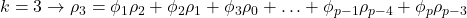 \displaystyle k = 3 \to {\rho _3} = {\phi _1}{\rho _2} + {\phi _2}{\rho _1} + {\phi _3}{\rho _0} +  \ldots  + {\phi _{p - 1}}{\rho _{p - 4}} + {\phi _p}{\rho _{p - 3}}