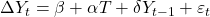 \displaystyle \Delta {Y_t} = \beta  + \alpha T + \delta {Y_{t - 1}} + {\varepsilon _t}