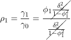 Rendered by QuickLaTeX.com \displaystyle {\rho _1} = \frac{{{\gamma _1}}}{{{\gamma _0}}} = \frac{{{\phi _1}\cancel{{\frac{{\delta _\omega ^2}}{{1 - \phi _1^2}}}}}}{{\cancel{{\frac{{\delta _\omega ^2}}{{1 - \phi _1^2}}}}}}