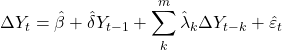 \displaystyle \Delta {Y_t} = \hat \beta  + \hat \delta {Y_{t - 1}} + \sum\limits_k^m {{{\hat \lambda }_k}\Delta {Y_{t - k}}}  + {\hat \varepsilon _t}