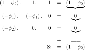 Rendered by QuickLaTeX.com \displaystyle \begin{array}{*{20}{c}} {\left( {1 - {\phi _2}} \right).}&{1.}&1& = &{\underbrace {\left( {1 - {\phi _2}} \right)}_{}} \\ {\left( { - {\phi _1}} \right).}&{\left( { - {\phi _1}} \right).}&0& = &{\underbrace 0_{}} \\ {\left( { - {\phi _2}} \right).}&{0.}&0& = &{\underbrace 0_{}} \\ {}&{}&{}& + &{\_\_\_\_\_} \\ {}&{}&{{{\text{S}}_1}}& = &{\left( {1 - {\phi _2}} \right)} \end{array}