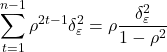 \displaystyle \sum\limits_{t = 1}^{n - 1} {{\rho ^{2t - 1}}\delta _\varepsilon ^2}  = \rho \frac{{\delta _\varepsilon ^2}}{{1 - {\rho ^2}}}