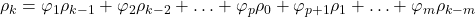 \displaystyle {\rho _k} = {\varphi _1}{\rho _{k - 1}} + {\varphi _2}{\rho _{k - 2}} +  \ldots  + {\varphi _p}{\rho _0} + {\varphi _{p + 1}}{\rho _1} +  \ldots  + {\varphi _m}{\rho _{k - m}}