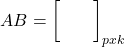 \displaystyle AB = {\left[ {\begin{array}{*{20}{c}} {}&{} \\ {}&{} \end{array}} \right]_{pxk}}