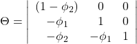 Rendered by QuickLaTeX.com \displaystyle \Theta = \left| {\begin{array}{*{20}{c}} {\left( {1 - {\phi _2}} \right)}&0&0 \\ { - {\phi _1}}&1&0 \\ { - {\phi _2}}&{ - {\phi _1}}&1 \end{array}} \right|