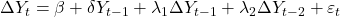 \displaystyle \Delta {Y_t} = \beta  + \delta {Y_{t - 1}} + {\lambda _1}\Delta {Y_{t - 1}} + {\lambda _2}\Delta {Y_{t - 2}} + {\varepsilon _t}