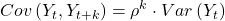 \displaystyle Cov\left( {{Y_t},{Y_{t + k}}} \right) = {\rho ^k} \cdot Var\left( {{Y_t}} \right)