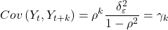 \displaystyle Cov\left( {{Y_t},{Y_{t + k}}} \right) = {\rho ^k}\frac{{\delta _\varepsilon ^2}}{{1 - {\rho ^2}}} = {\gamma _k}