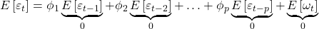\displaystyle E\left[ {{\varepsilon _t}} \right] = {\phi _1}\underbrace {E\left[ {{\varepsilon _{t - 1}}} \right]}_0 + {\phi _2}\underbrace {E\left[ {{\varepsilon _{t - 2}}} \right]}_0 +  \ldots  + {\phi _p}\underbrace {E\left[ {{\varepsilon _{t - p}}} \right]}_0 + \underbrace {E\left[ {{\omega _t}} \right]}_0