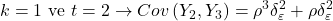 \displaystyle k = 1{\text{ ve }}t = 2 \to Cov\left( {{Y_2},{Y_3}} \right) = {\rho ^3}\delta _\varepsilon ^2 + \rho \delta _\varepsilon ^2
