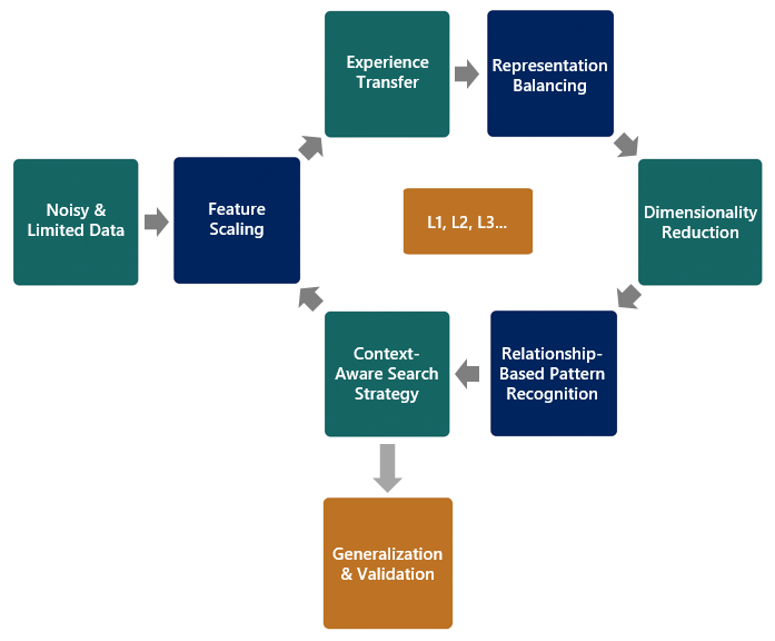 LMFO workflow: iterative steps across layers with pattern extraction and independent validation